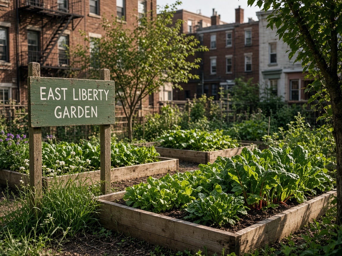 East Liberty community garden beds with neighborhood buildings beyond