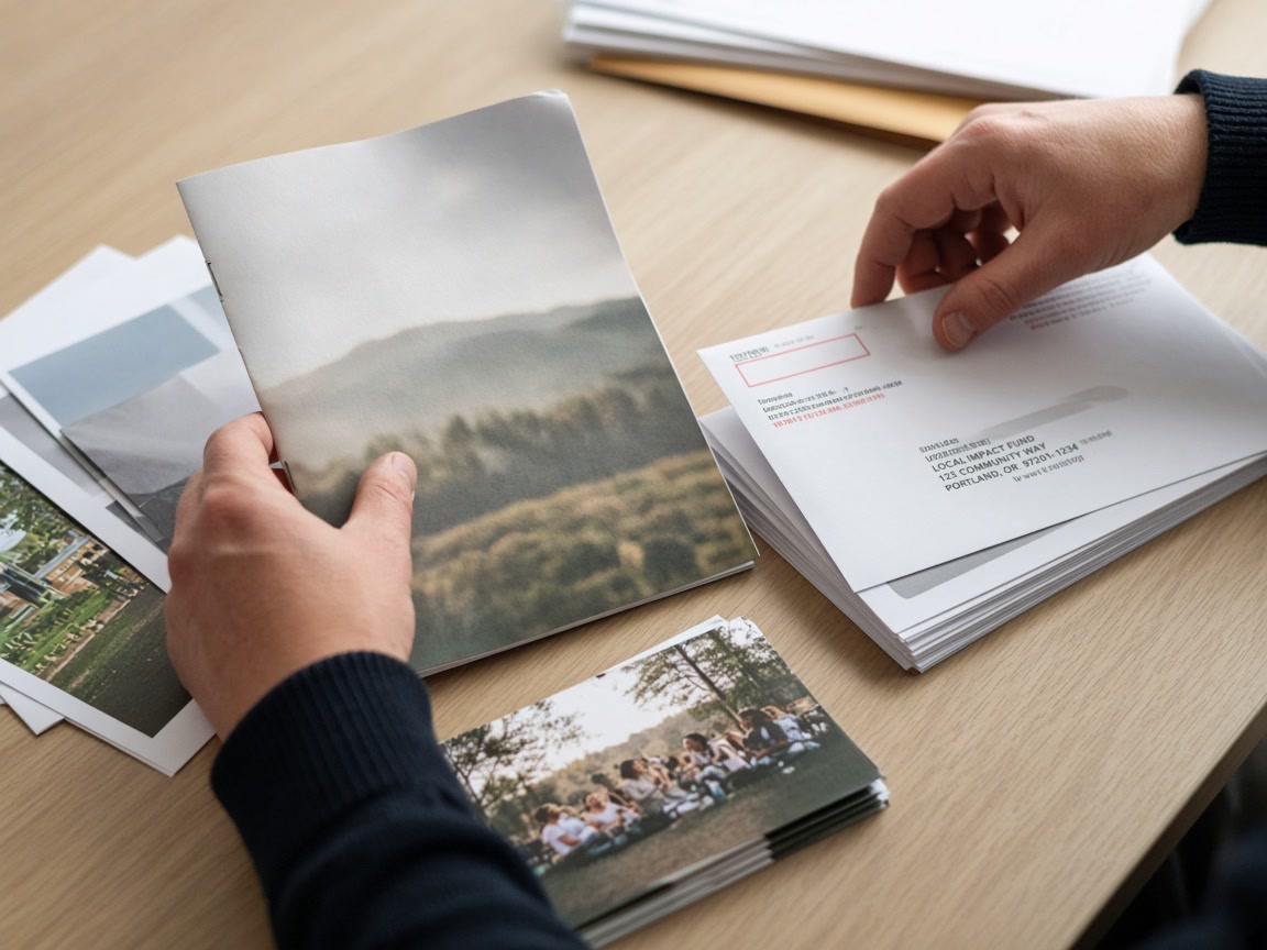 Printed nonprofit reports and fundraising mailers prepared for a charitable mailing