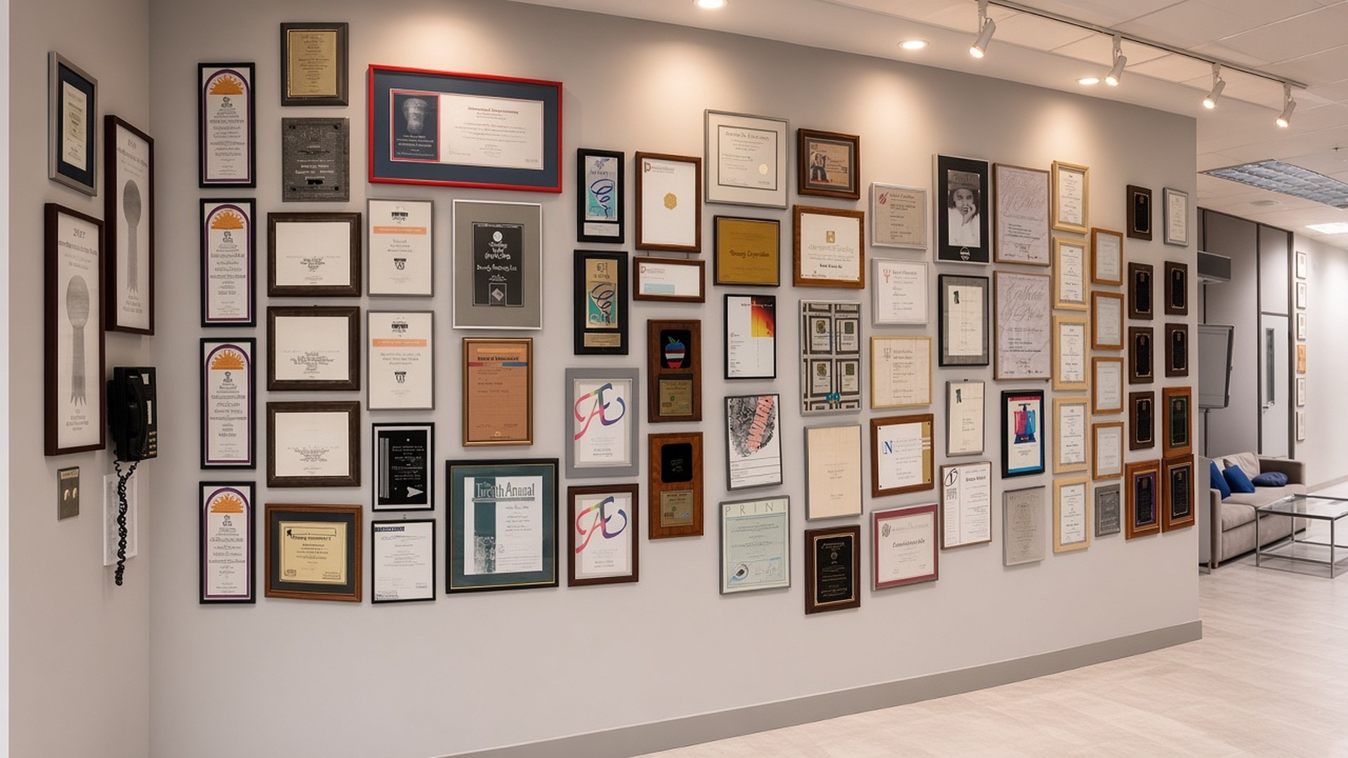 A panorama of one wall of the Broudy Printing awards room, covered end to end with framed printing awards