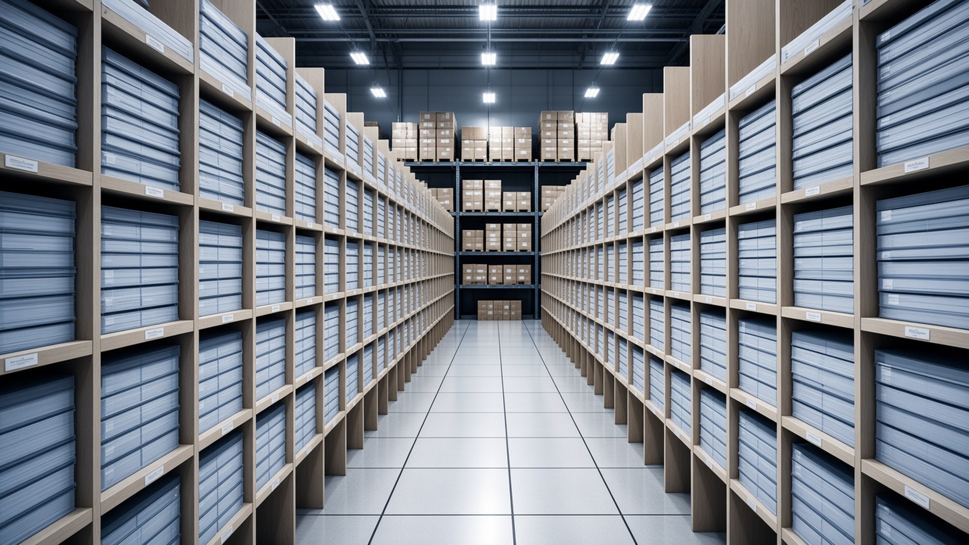 Storage racking at Broudy Printing holding customers' printed inventory, ready to pick and ship