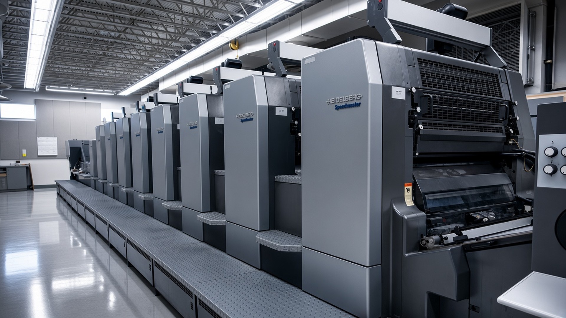 Heidelberg Speedmaster press units on Broudy's press room floor